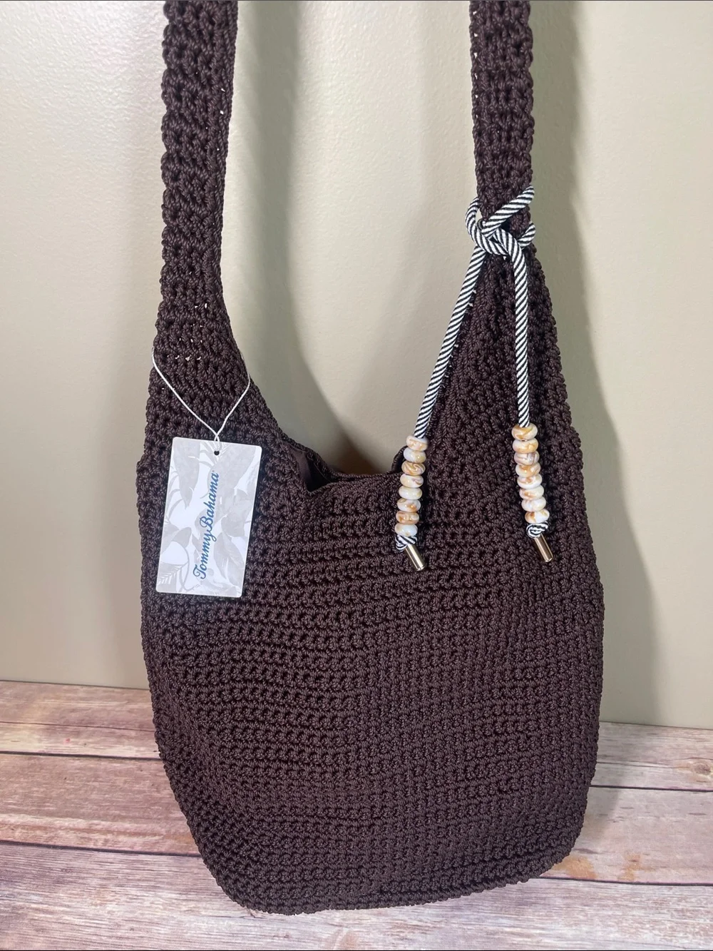 Tommy Bahama Dark Brown Crochet Shoulder Bag with Beaded accent charm - Picture 8 of 9